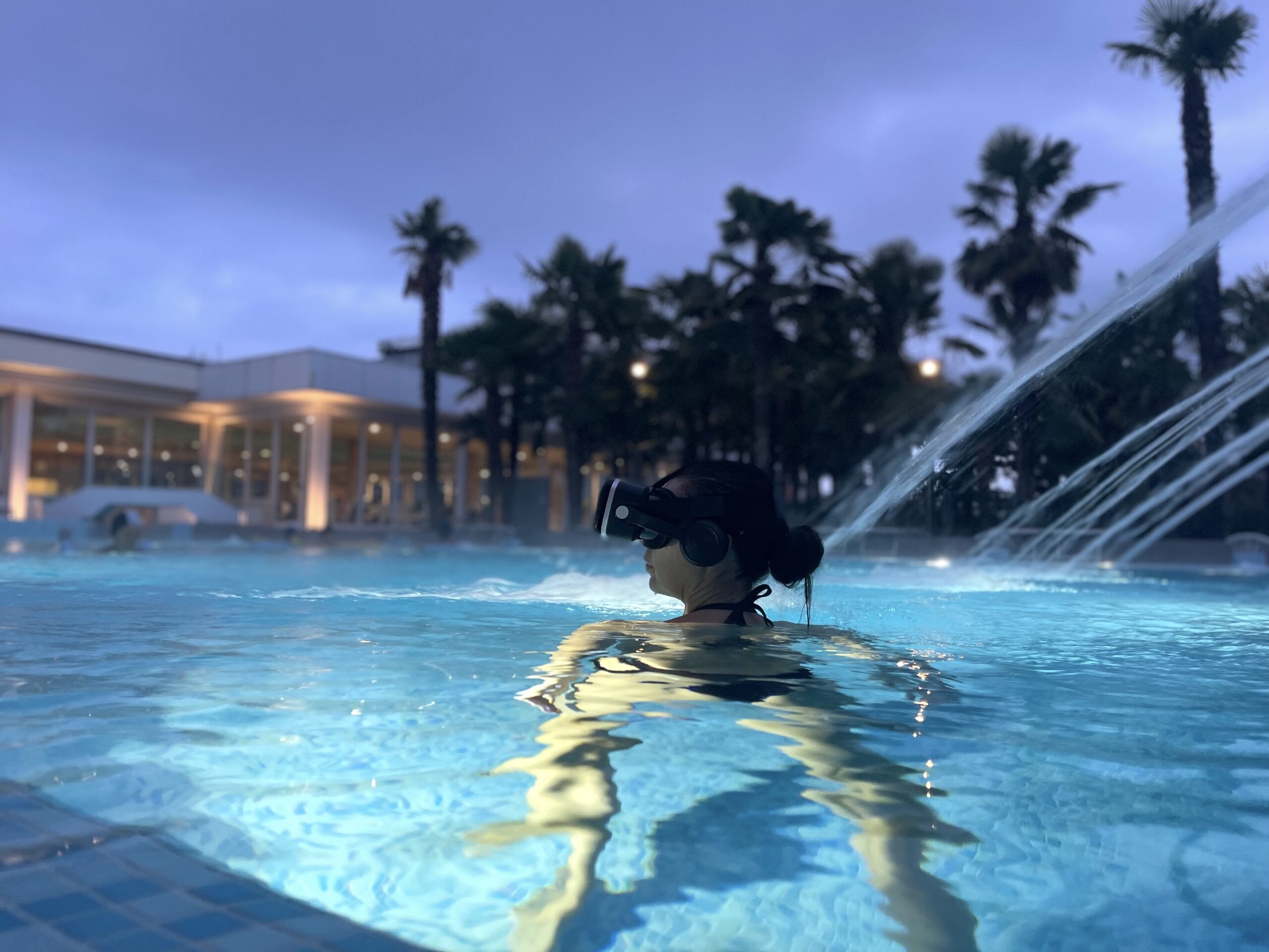 piscina 2 terme venezia Una vista mozzafiato della piscina esterna del erme Venezia, con uno skyline azzurro, acqua cristallina, una palma in primo piano e una piscina all'aperto, offre un'esperienza di lusso unica.